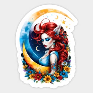 Moonlit Muse: Enchanting Red-Haired Girl Illustration Sticker